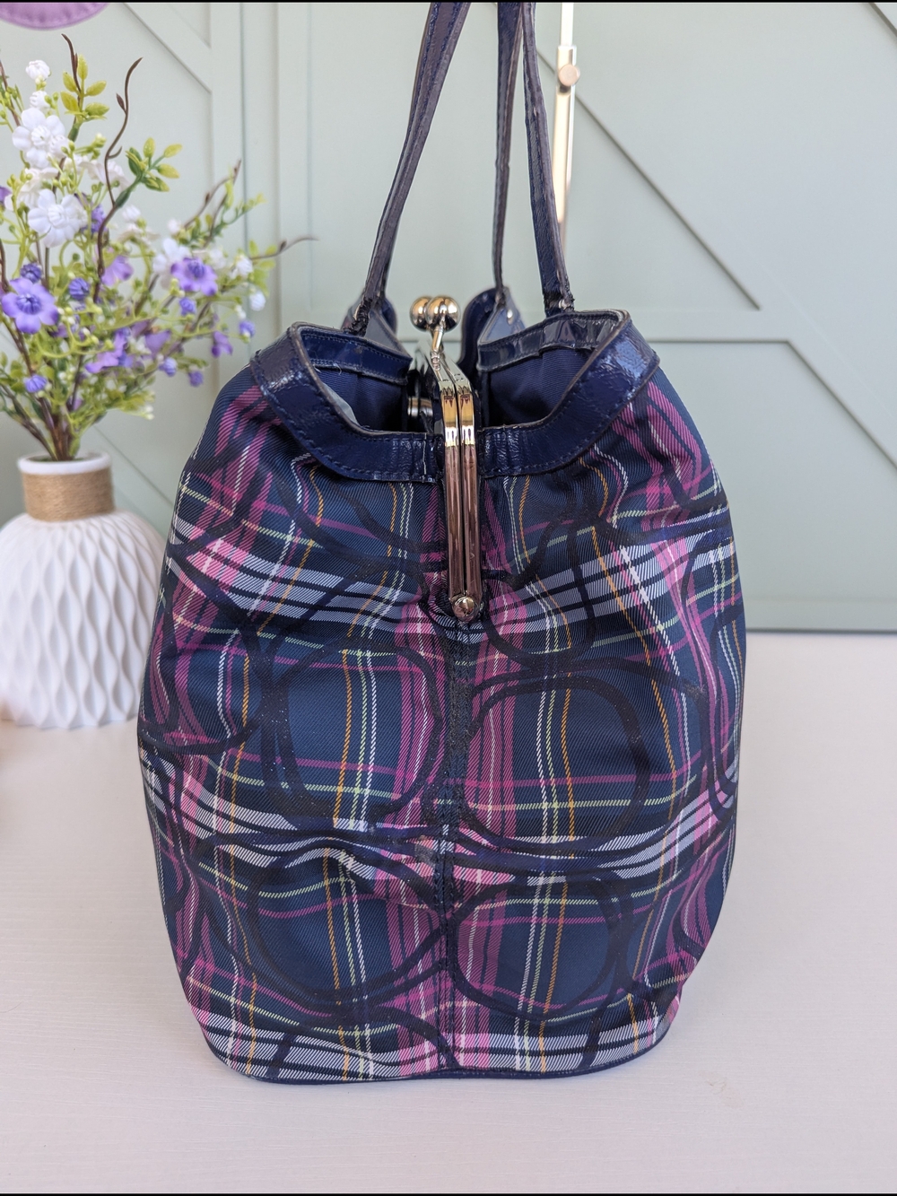 Coach Navy Plaid Tote with Pink and White Accents - Picture 4 of 14